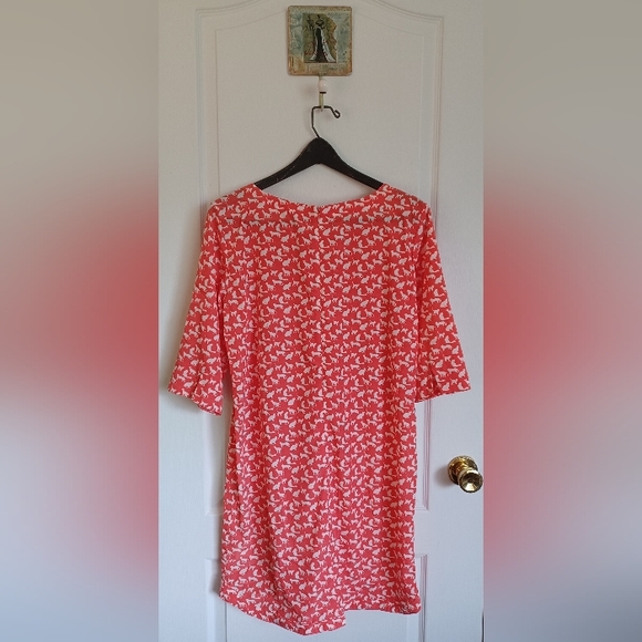 GAP MEDIUM VICKI 3/4 SLEEVE KITTY PRINT SHIFT DRESS CORAL/WHITE 100% POLYESTER - Picture 4 of 9